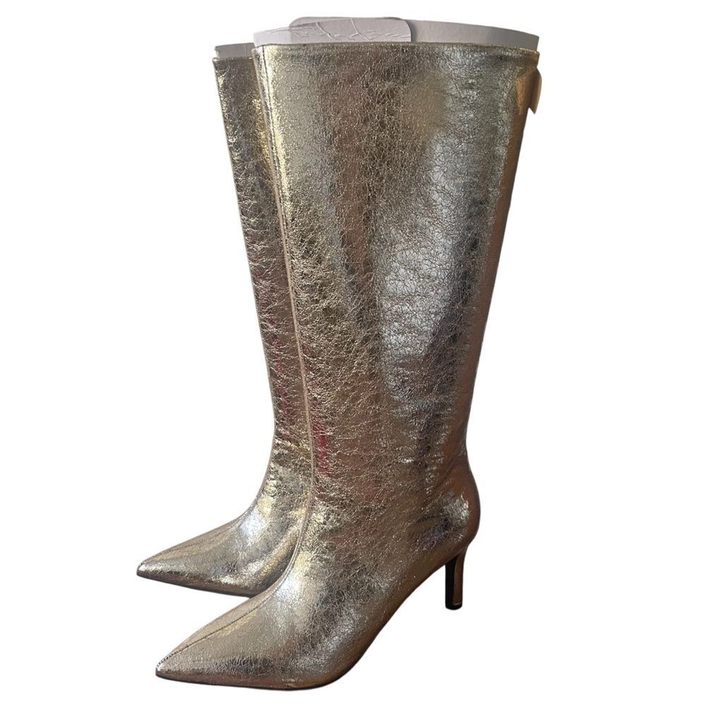 Worthington 9.5 Metallic Gold Knee High Boots Stiletto Glam Party Statement